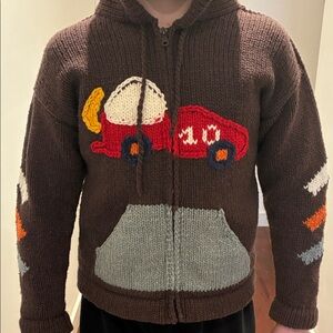 Cozy Brown Knit Jacket with Car Design